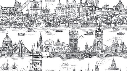 Fototapeta premium A black and white drawing of London with many buildings and boats