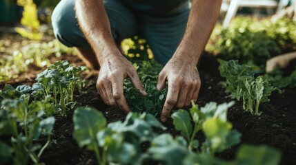 Fototapeta premium The determined hands of a community gardener planting vegetables in an urban farm, Reflecting food security and sustainability, photography style