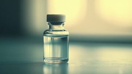 Single glass vial with a rubber stopper, showcasing a transparent or amber liquid inside, standing on a reflective surface with a softly blurred background for a professional and elegant display.