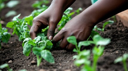 The determined hands of a community gardener planting vegetables in an urban farm, Reflecting food security and sustainability, photography style