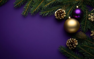 beautiful ornament on christmas tree on purple christmas background 