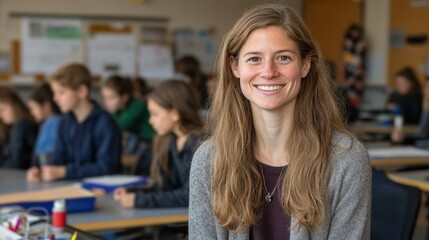 A teacher with long hair and a warm smile sits in a classroom filled with attentive students working on their assignments. The atmosphere is one of concentration and learning