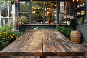 Obraz premium Wooden Table Top with Blurred Coffee Shop Interior for Product Display
