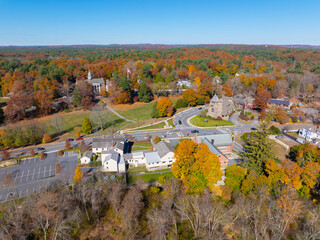 Weston historic town center aerial view including Town Hall at Lanson Park and First Parish Church...