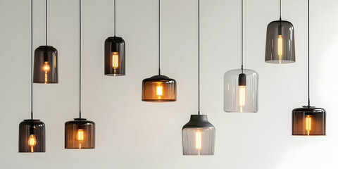 Contemporary pendant lights collection on white backdrop in banner layout. high quality image