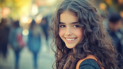 Obraz premium A young girl with long, curly hair smiles brightly as she walks through a bustling city street filled with people. The atmosphere is lively and cheerful
