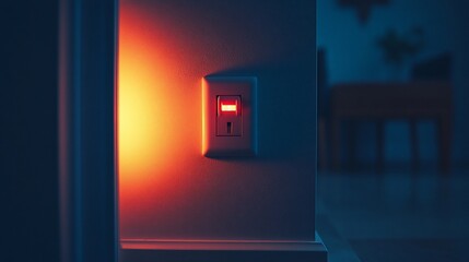 Glowing nightlight switch on wall in dark room.
