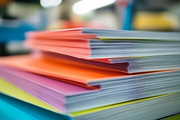 Stacked colorful paper, neatly organized.