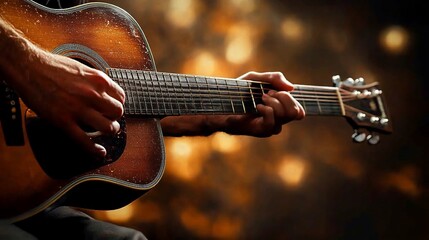 Fototapeta premium Close-up of hands playing an acoustic guitar against a bokeh background.