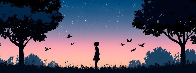 Obraz premium A girl stands under the sky, with birds flying in front of her and trees on both sides