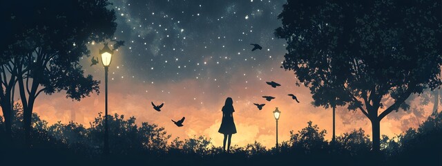 Obraz premium A girl stands under the sky, with birds flying in front of her and trees on both sides