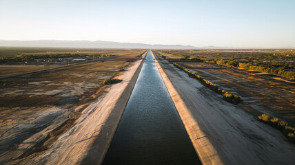 Aerial view of a long canal cutting through arid land, reaching towards distant mountains.