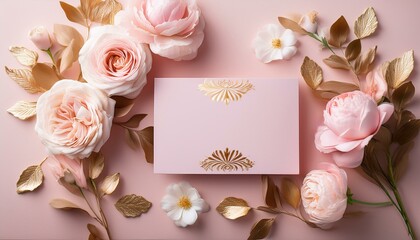 Elegant blush pink roses and gold leaves arranged around a pink card with gold detailing. Perfect for wedding invitations or feminine branding.