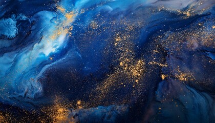 Abstract art in shades of deep blue and midnight, speckled with gold.  A mesmerizing blend of color and texture.