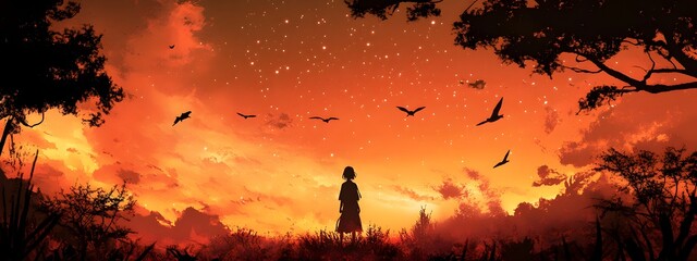 Obraz premium A girl stands under the sky, with birds flying in front of her and trees on both sides