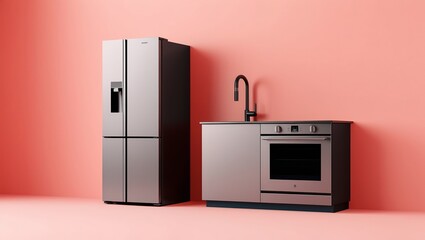 Fototapeta premium Isometric kitchen style with refrigerator and oven in flat pink background 3d rendering
