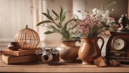 Vintage camera sits on a table with flowers and antique clock.