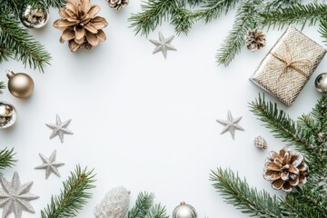 Festive Christmas Decorations Frame White Background
