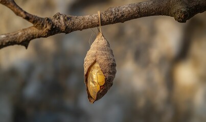 Obraz premium Golden butterfly chrysalis hangs from branch.