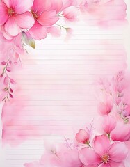 Fototapeta premium Pretty pink watercolor flowers frame a lined notepad page, perfect for notes or letters.