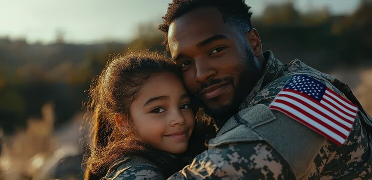 A heartwarming moment between a soldier and his daughter as they embrace in a warm hug, showcasing love, family connection, and pride. The soldier wears a uniform with a visible American flag patch. - Powered by Adobe