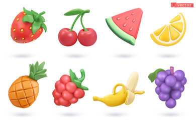 Fruit icon 3d cartoon vector set. Strawberry, cherry, watermelon, lemon, pineapple, raspberry, banana, grapes