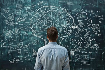 Businessman strategizing and planning new ideas looking at a chalkboard with a brain and business strategy drawn on it