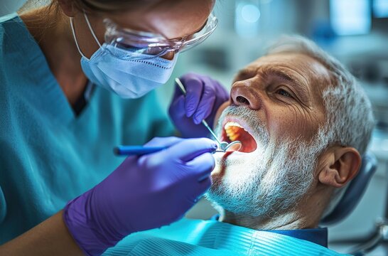 A dentist performing a comprehensive dental examination on a patient, ensuring oral health and hygiene in a modern, professional clinic setting with advanced equipment and safety measures in place.