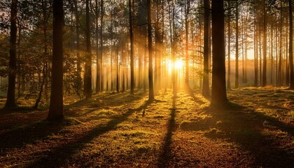 Fototapeta premium Golden sunrise rays illuminate a dense forest, creating a magical scene.