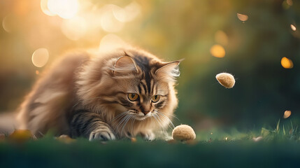 Banner of fluffy cat playing green grass sunlight autumn leaves