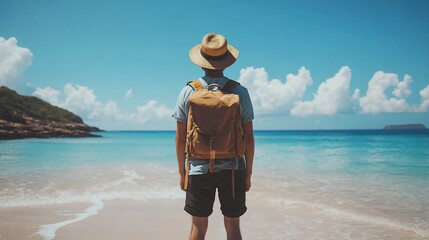 Man with backpack enjoying ocean view on beach.