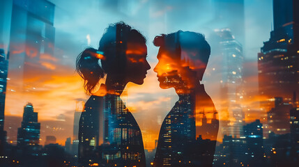 Fototapeta premium Double exposure of people standing with a city skyline backdrop, merging human silhouettes with skyscrapers, capturing the essence of urban life and connectivity.