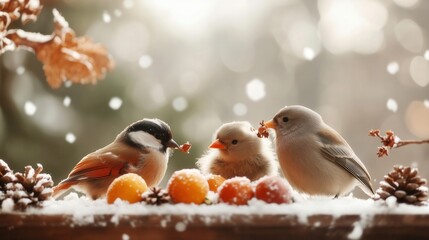 Three small birds feeding on berries snowy winter forest orange white tones