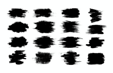 Set of vector brush strokes with grunge texture. Collection of dirty artistic black ink brush strokes. Dry paint stains, hand drawn ink spots isolated on white background.