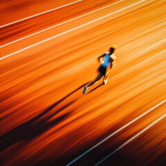Dynamic Runner on a Track Blurring Speed and Motion Conveying Athleticism and Competition in a Vibrant Red Surface During a Race