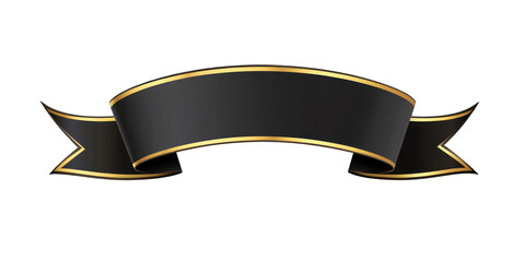 Elegant black ribbon banner with gold trim, isolated on black background.