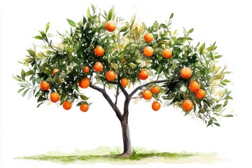 Watercolor Painting Of An Orange Tree Laden With Fruit