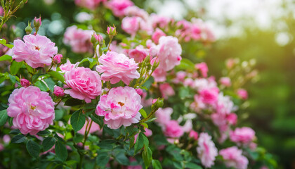 Obraz premium Beautiful bush of tea roses. Spring and summer flower. Rose garden. Nature and botany theme.