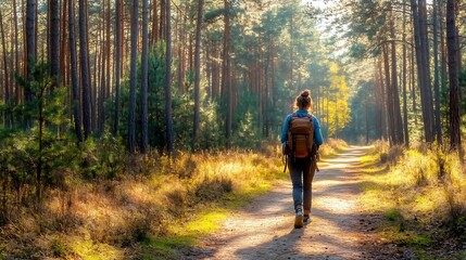 Obraz premium A person walking along a sunlit forest path, surrounded by trees and nature.