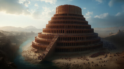 An illustration of the Babylons Tower of Babel story from the Bible with multilingual speech
