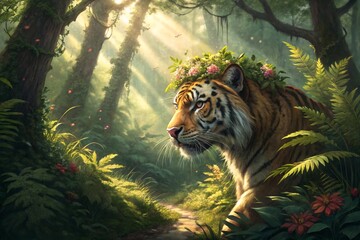 tiger with floral crown in the jungle, generative ai, ai generated