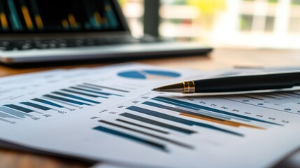 Fototapeta premium Financial Reports Charts And Pen On Wooden Desk