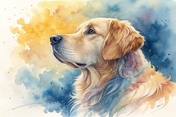 watercolor drawing of a golden retriever dog, generative ai, ai generated