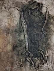 Contemporary high texture abstract painting in natural gold dark brown background composition