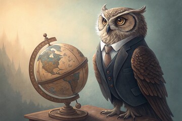 a wise owl standing next to the globe, generative ai, ai generated