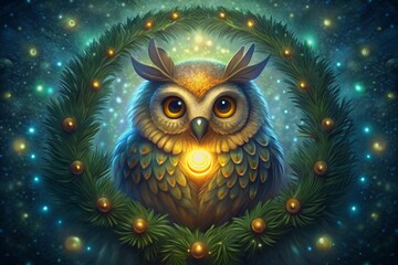 owl in the night with christmas decoration, generative ai, ai generated