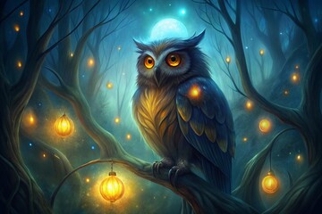 owl at the night with glowing lights, generative ai, ai generated