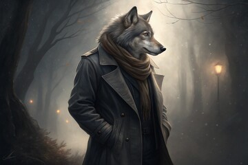 wolf wearing a warm winter coat, generative ai, ai generated