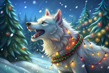 wolf with silver fur in christmas decoration, generative ai, ai generated