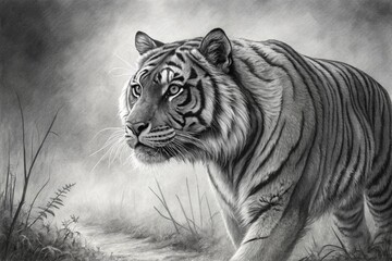portrait of a tiger in black and white drawing, generative ai, ai generated